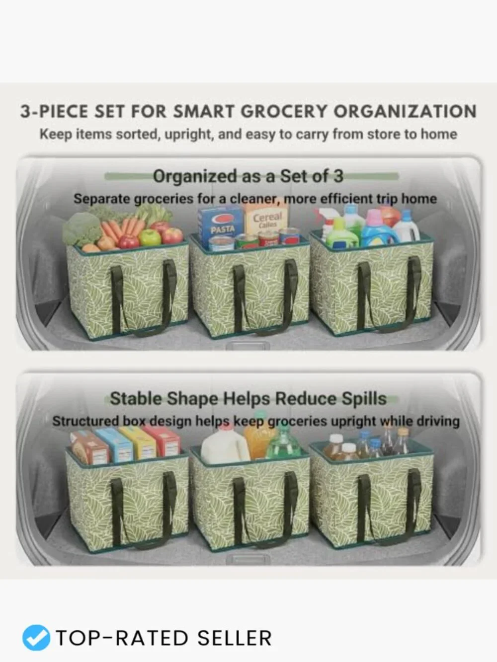 Reusable Grocery Bags 3-Pack Foldable Totes Heavy Duty Stand Up 45lb Eco